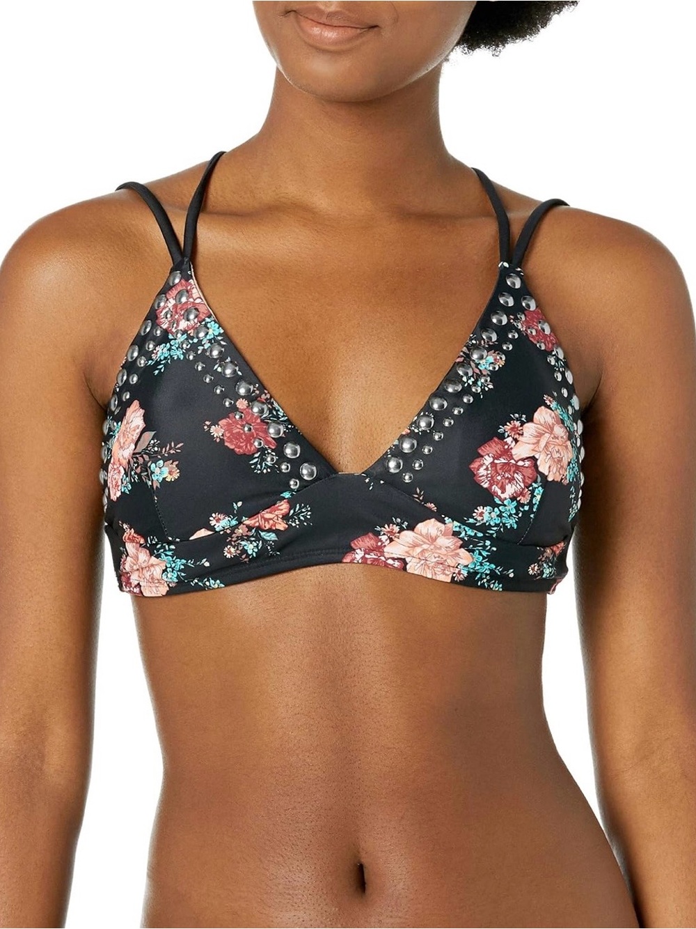 NWOT Mae Black Bikini Top With Roses, Trina Cross Back and Brass Studs Sz Small